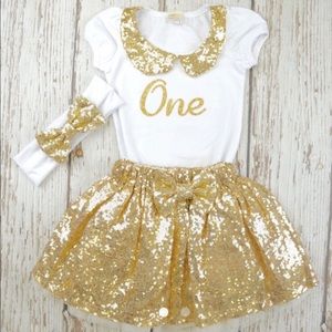 Little Girls First Birthday Outfit Gold Sequined